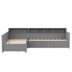 Divano letto a giorno angolare Whisen Twin a L, Struttura letto angolare in legno con 3 cassetti e libreria