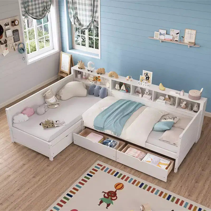 Divano letto a giorno angolare Whisen Twin a L, Struttura letto angolare in legno con 3 cassetti e libreria