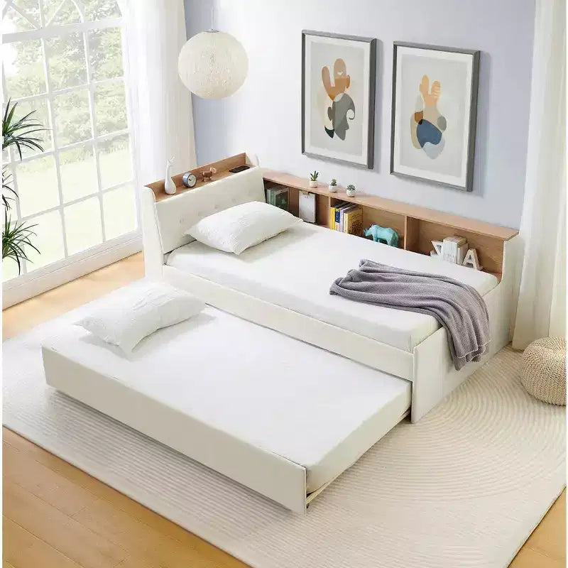 Twin Size Upholstered Daybed Platform Bed with Wireless Charging, Padded Storage Headboard, LED Lights, Trundle/Storage Drawers, Velvet - ModernLuxe