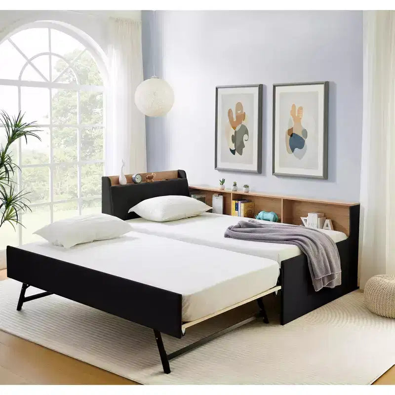 Letto singolo a piattaforma imbottito con ricarica wireless, testiera contenitore imbottita, luci a LED, letto estraibile/cassetti contenitore, velluto - ModernLuxe