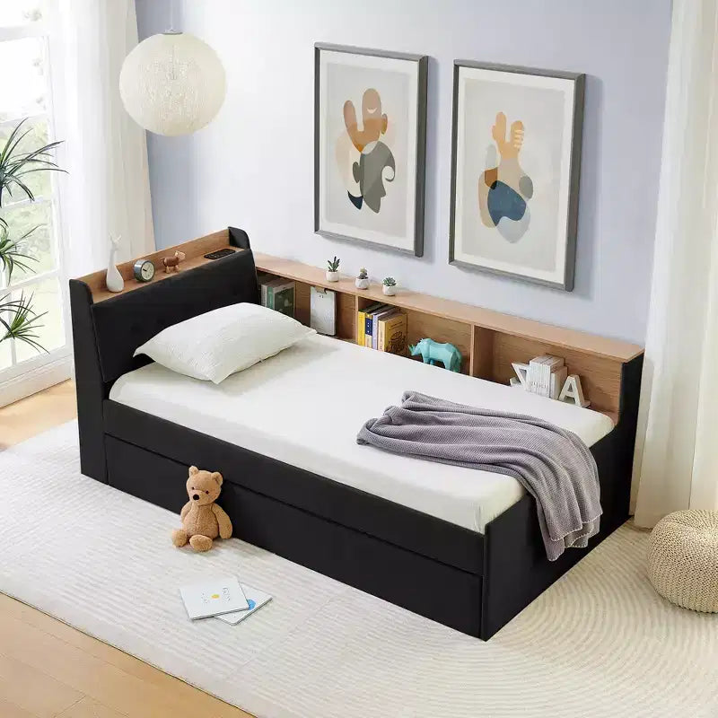 Letto singolo a piattaforma imbottito con ricarica wireless, testiera contenitore imbottita, luci a LED, letto estraibile/cassetti contenitore, velluto - ModernLuxe