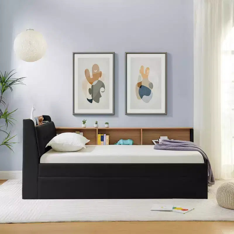 Letto singolo a piattaforma imbottito con ricarica wireless, testiera contenitore imbottita, luci a LED, letto estraibile/cassetti contenitore, velluto - ModernLuxe
