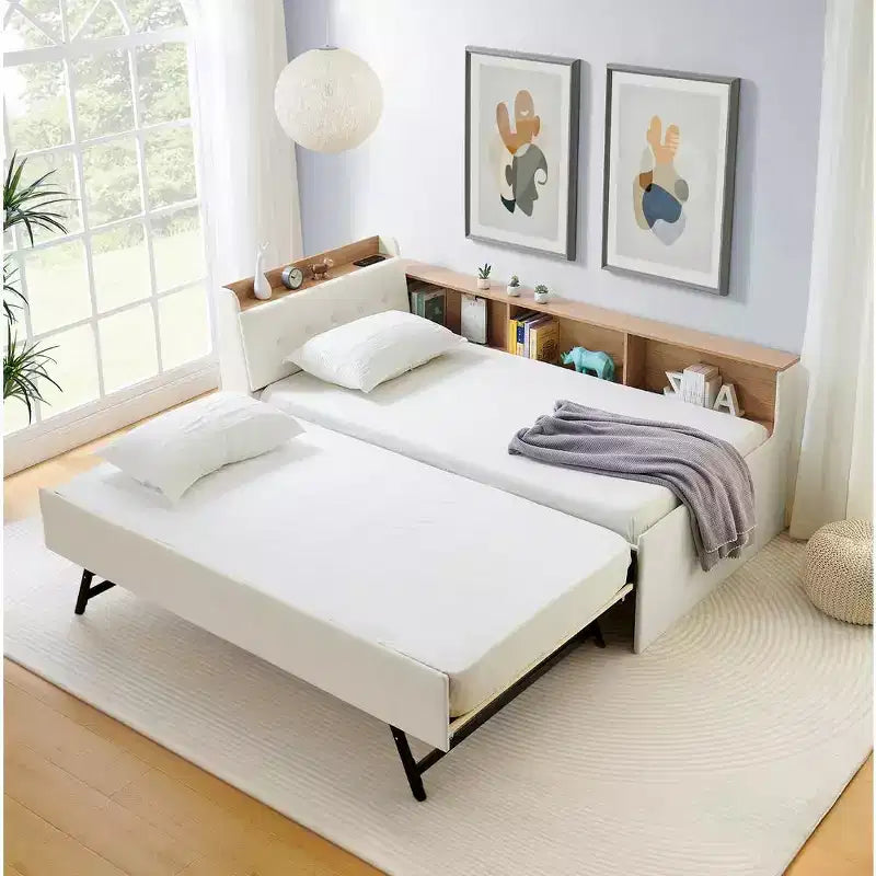 Letto singolo a piattaforma imbottito con ricarica wireless, testiera contenitore imbottita, luci a LED, letto estraibile/cassetti contenitore, velluto - ModernLuxe