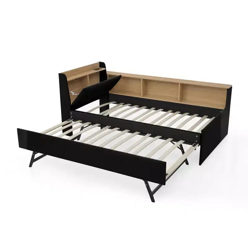 Letto singolo a piattaforma imbottito con ricarica wireless, testiera contenitore imbottita, luci a LED, letto estraibile/cassetti contenitore, velluto - ModernLuxe