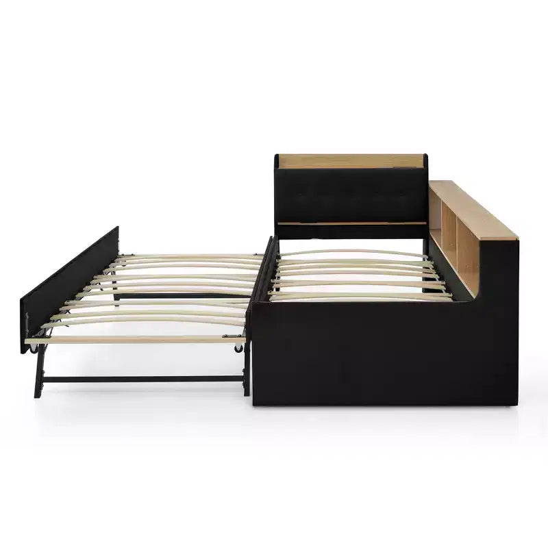 Letto singolo a piattaforma imbottito con ricarica wireless, testiera contenitore imbottita, luci a LED, letto estraibile/cassetti contenitore, velluto - ModernLuxe