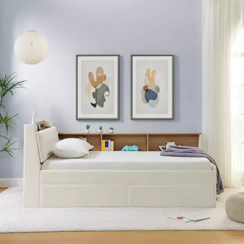 Letto singolo a piattaforma imbottito con ricarica wireless, testiera contenitore imbottita, luci a LED, letto estraibile/cassetti contenitore, velluto - ModernLuxe