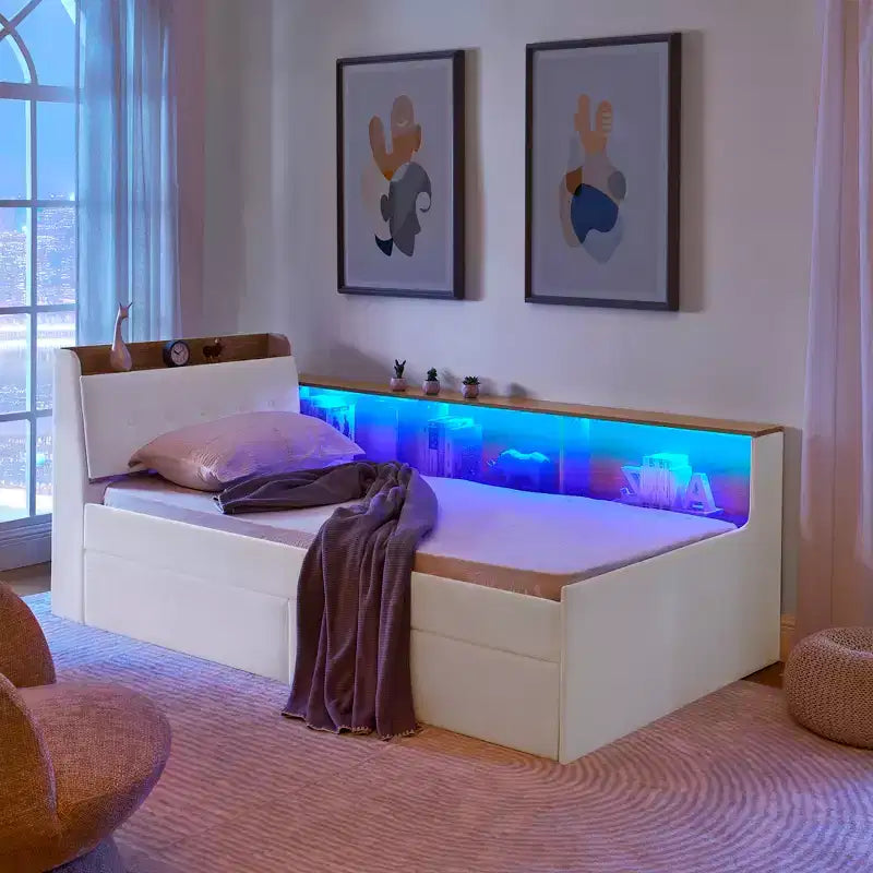 Letto singolo a piattaforma imbottito con ricarica wireless, testiera contenitore imbottita, luci a LED, letto estraibile/cassetti contenitore, velluto - ModernLuxe