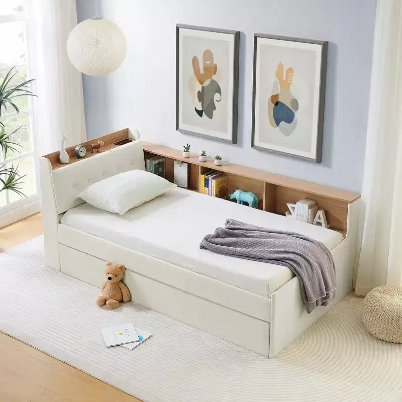 Letto singolo a piattaforma imbottito con ricarica wireless, testiera contenitore imbottita, luci a LED, letto estraibile/cassetti contenitore, velluto - ModernLuxe