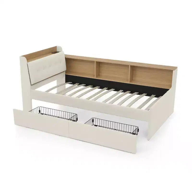 Letto singolo a piattaforma imbottito con ricarica wireless, testiera contenitore imbottita, luci a LED, letto estraibile/cassetti contenitore, velluto - ModernLuxe