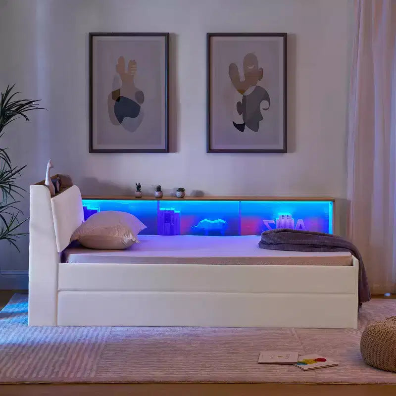 Letto singolo a piattaforma imbottito con ricarica wireless, testiera contenitore imbottita, luci a LED, letto estraibile/cassetti contenitore, velluto - ModernLuxe