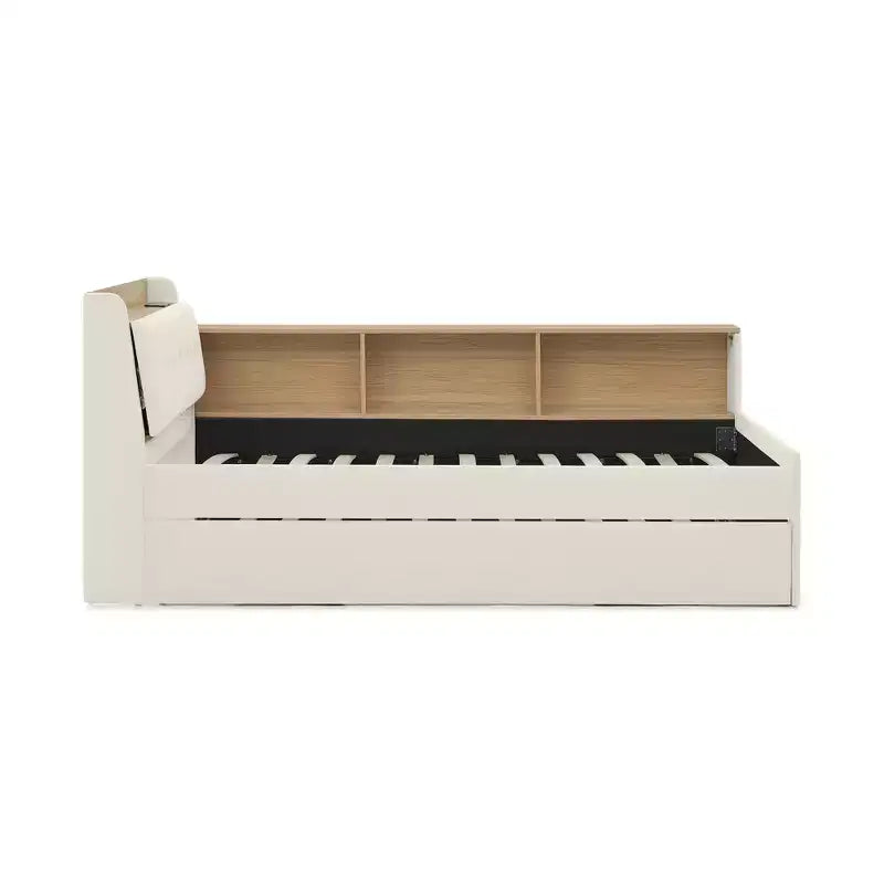 Letto singolo a piattaforma imbottito con ricarica wireless, testiera contenitore imbottita, luci a LED, letto estraibile/cassetti contenitore, velluto - ModernLuxe