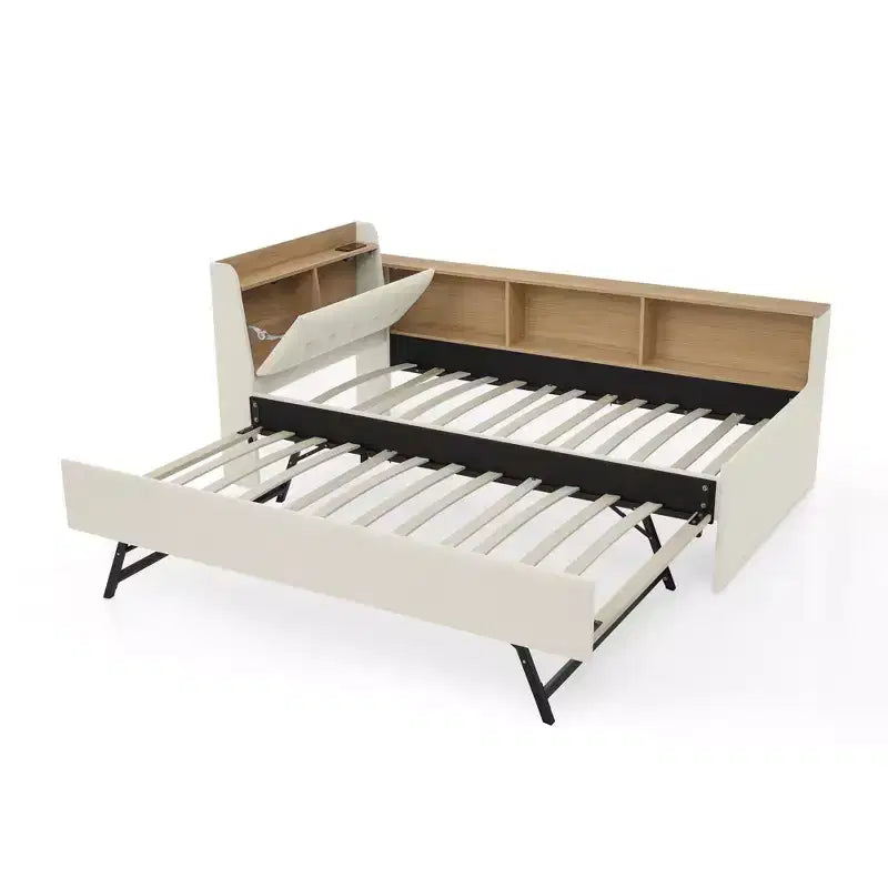 Letto singolo a piattaforma imbottito con ricarica wireless, testiera contenitore imbottita, luci a LED, letto estraibile/cassetti contenitore, velluto - ModernLuxe