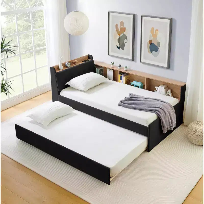 Letto singolo a piattaforma imbottito con ricarica wireless, testiera contenitore imbottita, luci a LED, letto estraibile/cassetti contenitore, velluto - ModernLuxe