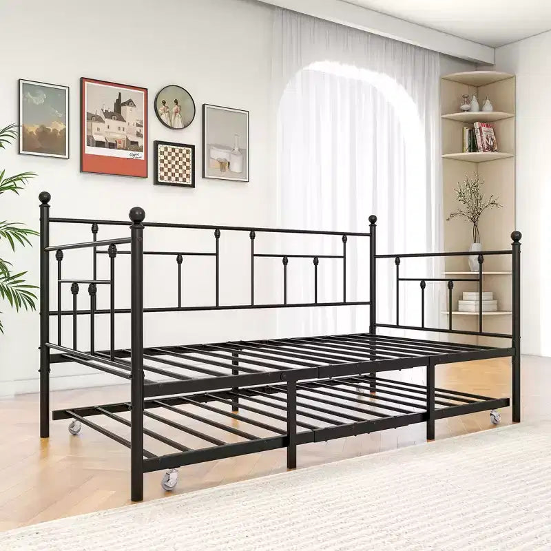 MAYEERTY Letto a Divano Singolo in Metallo con Rete Estraibile, Letto 2 in 1, Salvaspazio per Camera degli Ospiti e Soggiorno, Nero