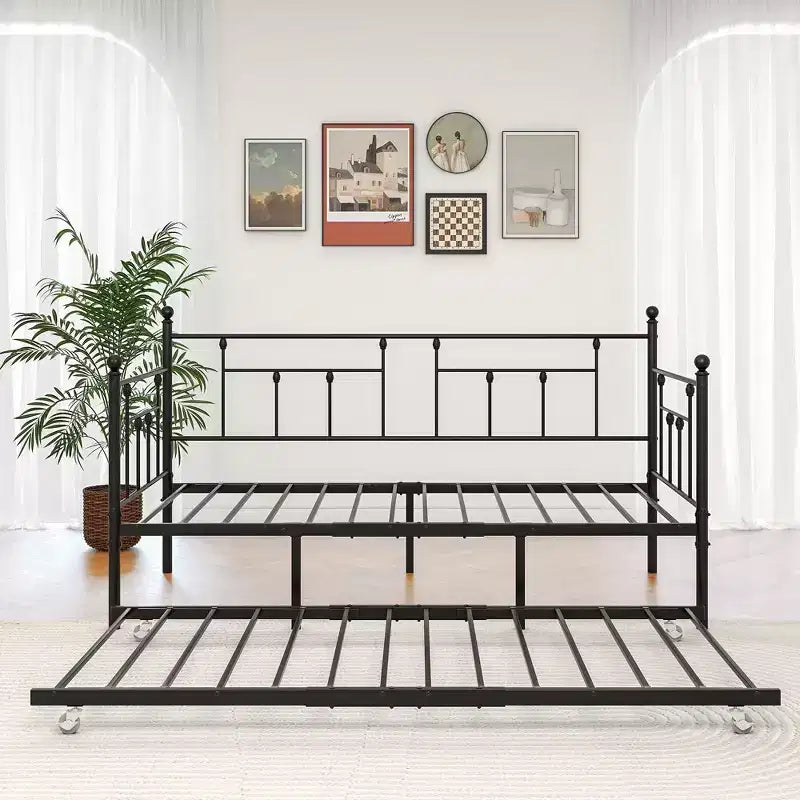 MAYEERTY Letto a Divano Singolo in Metallo con Rete Estraibile, Letto 2 in 1, Salvaspazio per Camera degli Ospiti e Soggiorno, Nero