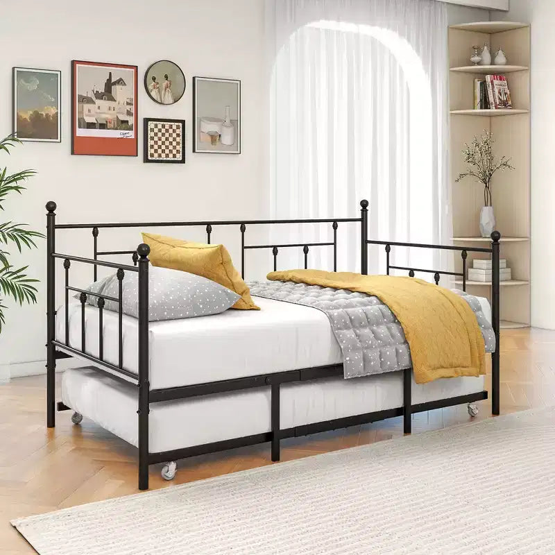 MAYEERTY Letto a Divano Singolo in Metallo con Rete Estraibile, Letto 2 in 1, Salvaspazio per Camera degli Ospiti e Soggiorno, Nero