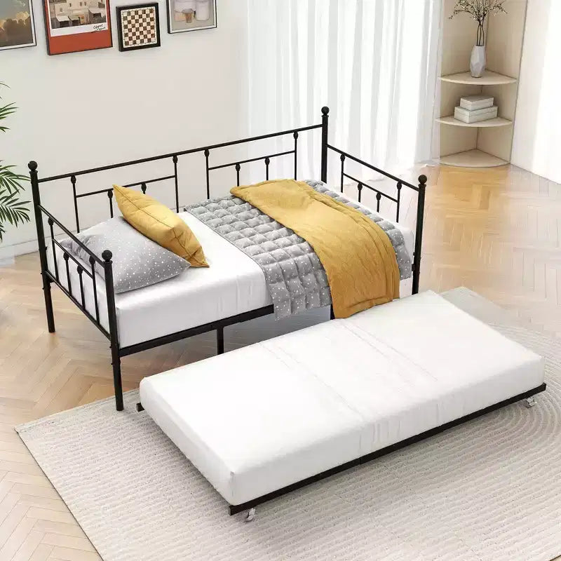 MAYEERTY Letto a Divano Singolo in Metallo con Rete Estraibile, Letto 2 in 1, Salvaspazio per Camera degli Ospiti e Soggiorno, Nero
