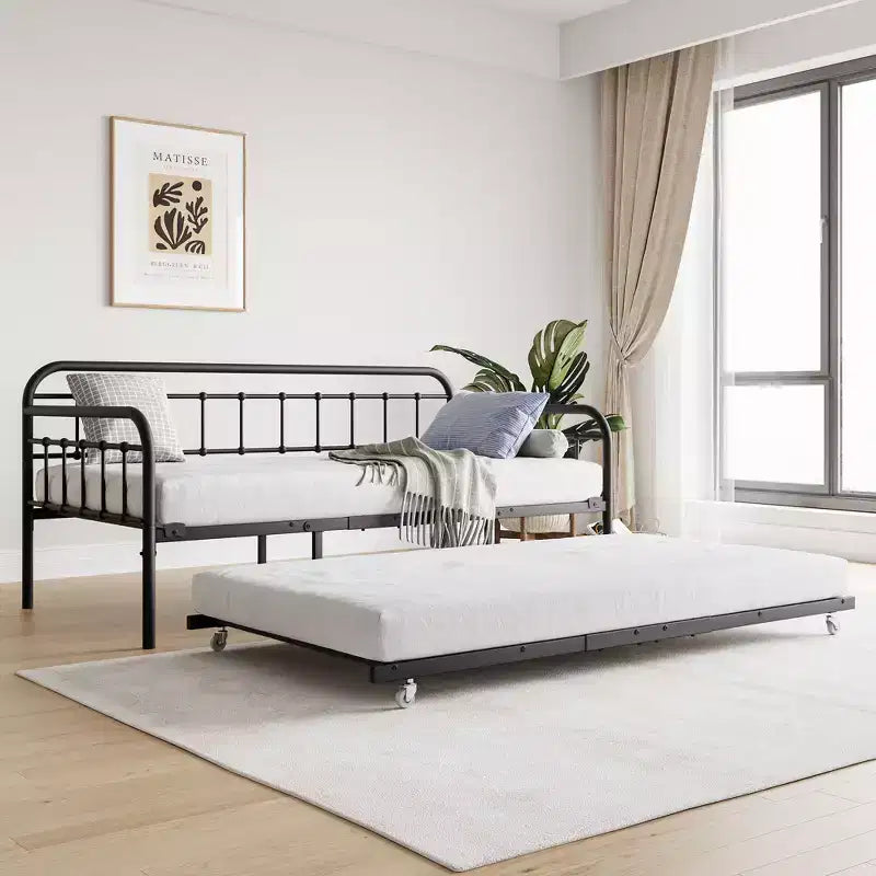 MAYEERTY Struttura per letto a giorno in metallo a una piazza e mezza con letto estraibile, Piattaforma divano letto resistente, Nessuna molla richiesta, Nero