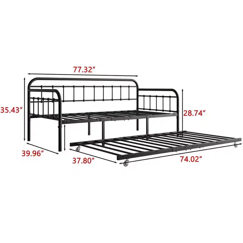 MAYEERTY Struttura per letto a giorno in metallo a una piazza e mezza con letto estraibile, Piattaforma divano letto resistente, Nessuna molla richiesta, Nero