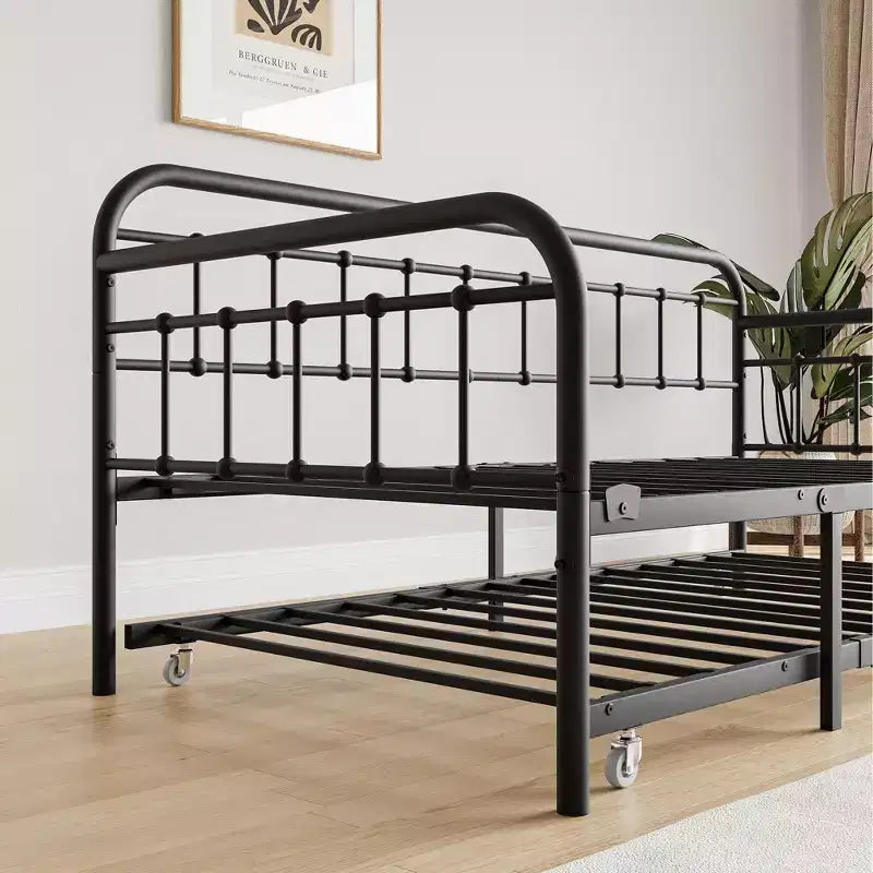 MAYEERTY Struttura per letto a giorno in metallo a una piazza e mezza con letto estraibile, Piattaforma divano letto resistente, Nessuna molla richiesta, Nero