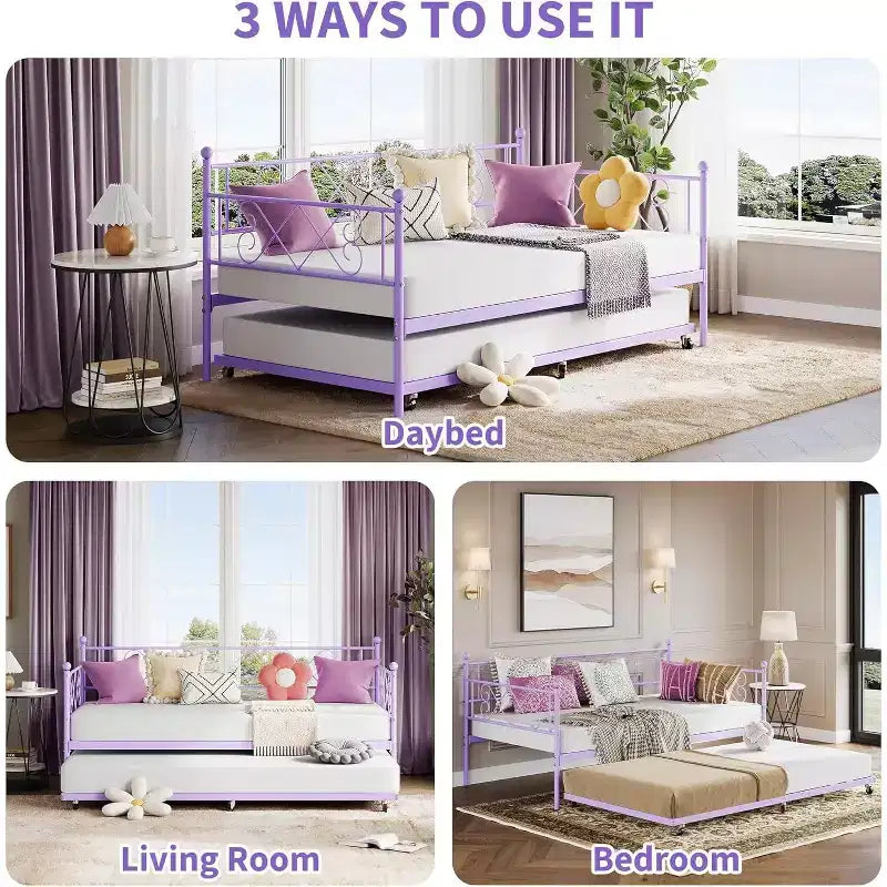 Divano letto singolo viola con letto estraibile, supporto in acciaio premium, salvaspazio per soggiorno, camera da letto, camera degli ospiti