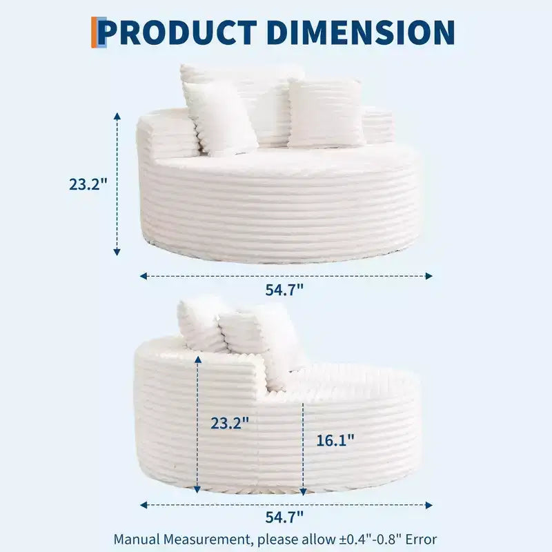 Poltrona Chaise Longue rotonda, da interno, extra large 140x140 cm, moderna, nessun assemblaggio richiesto, in ciniglia, divano Cloud senza struttura, divano singolo con 4 cuscini, seduta profonda