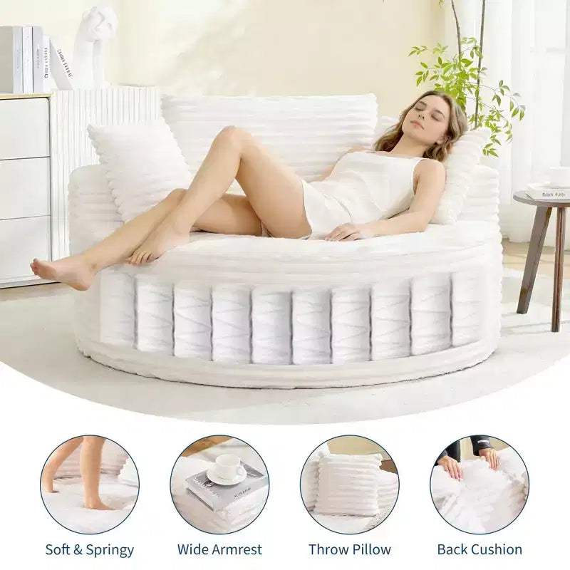 Poltrona Chaise Longue rotonda, da interno, extra large 140x140 cm, moderna, nessun assemblaggio richiesto, in ciniglia, divano Cloud senza struttura, divano singolo con 4 cuscini, seduta profonda