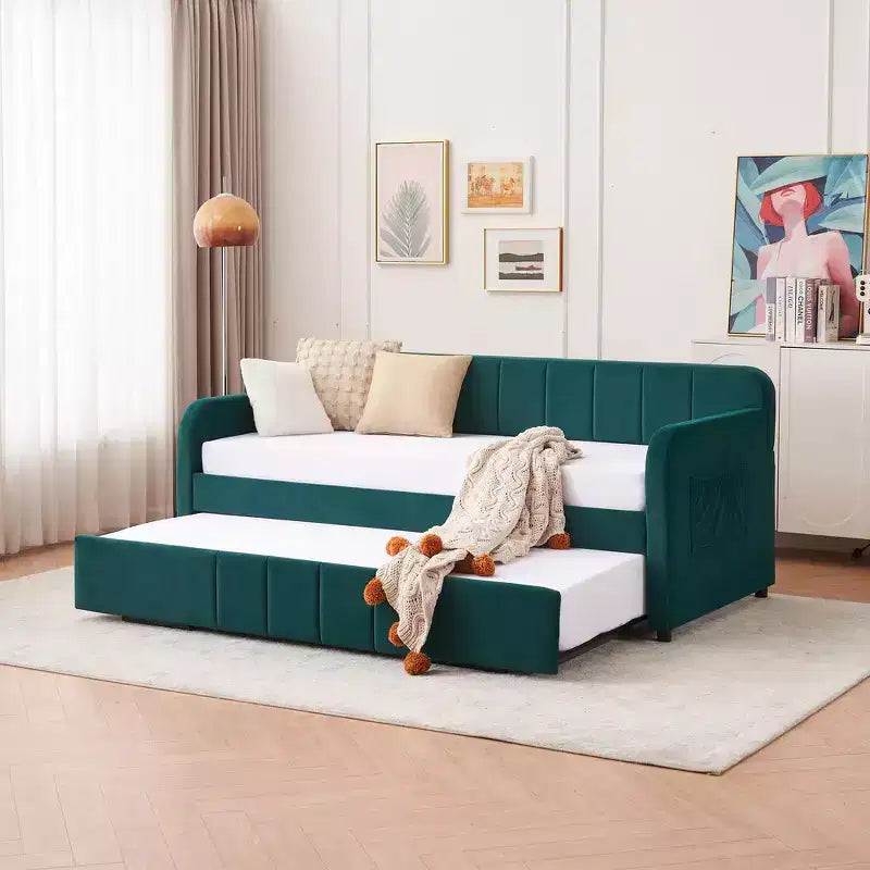 Struttura letto a giorno imbottita matrimoniale Zeus & Ruta con letto estraibile per camera da letto, soggiorno, camera degli ospiti