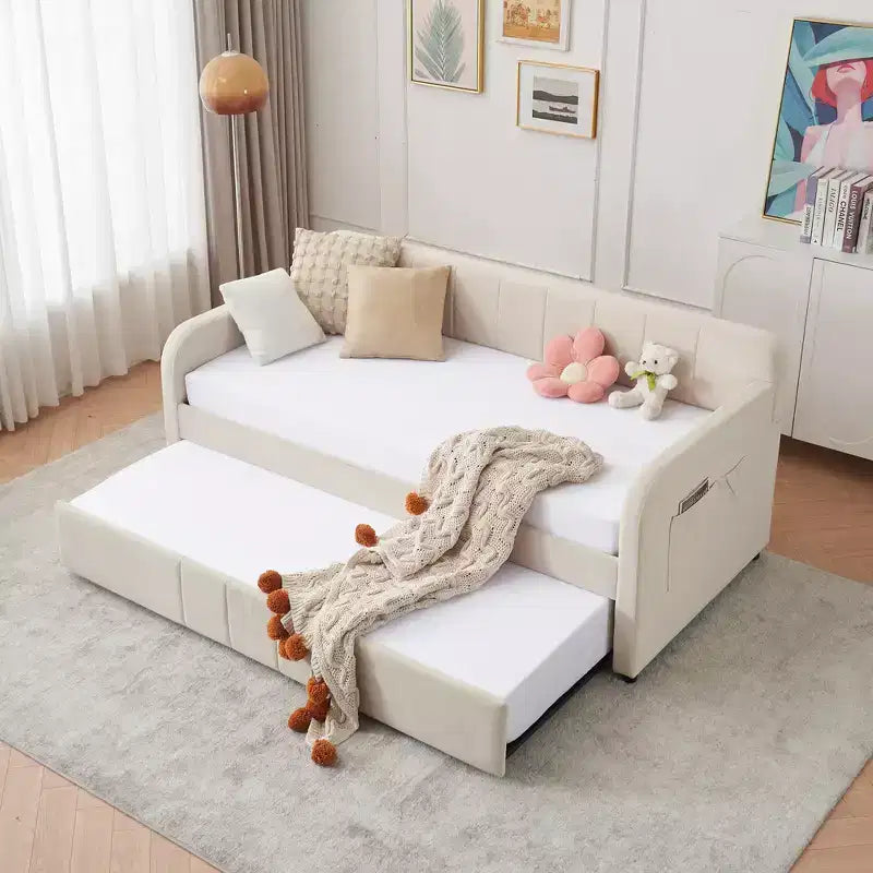 Struttura letto a giorno imbottita matrimoniale Zeus & Ruta con letto estraibile per camera da letto, soggiorno, camera degli ospiti