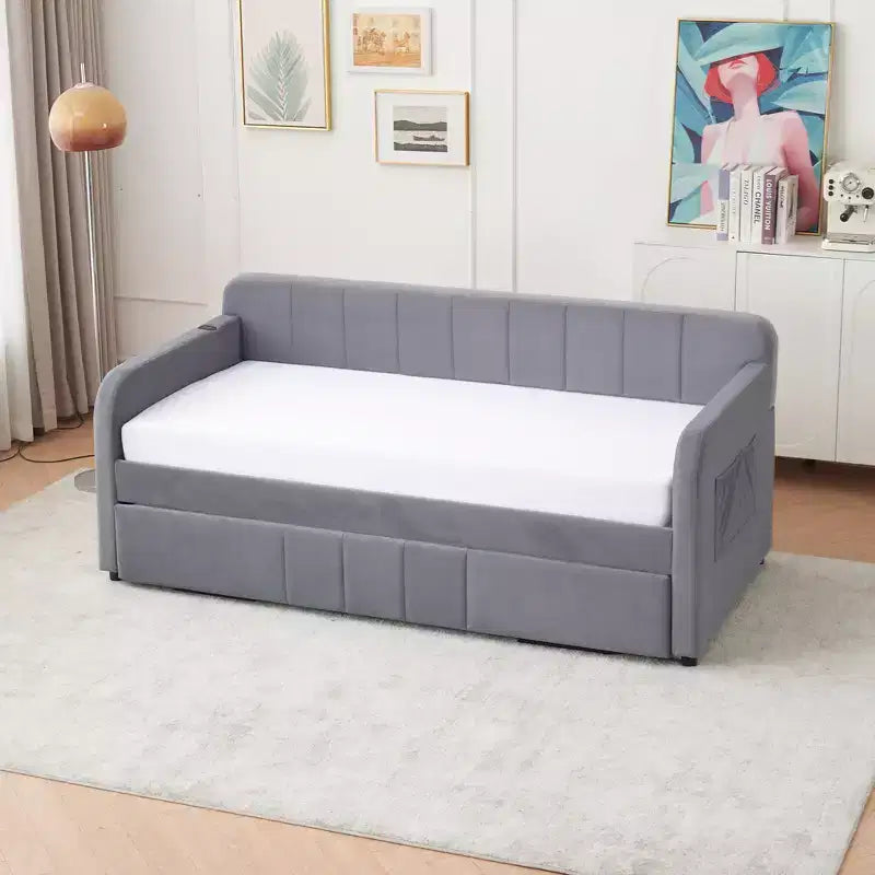 Struttura letto a giorno imbottita matrimoniale Zeus & Ruta con letto estraibile per camera da letto, soggiorno, camera degli ospiti