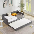 Twin Daybed with Trundle Bed Twin, Linen Upholstered Day Bed with Arm and Backrest, No Box Spring Needed Daybed, Twin Size Day Bed