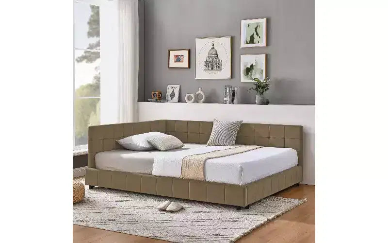 Lettino da giorno matrimoniale in velluto TUYOHW Mid-Century, divano letto imbottito con struttura in legno di eucalipto, letto trapuntato con testiere