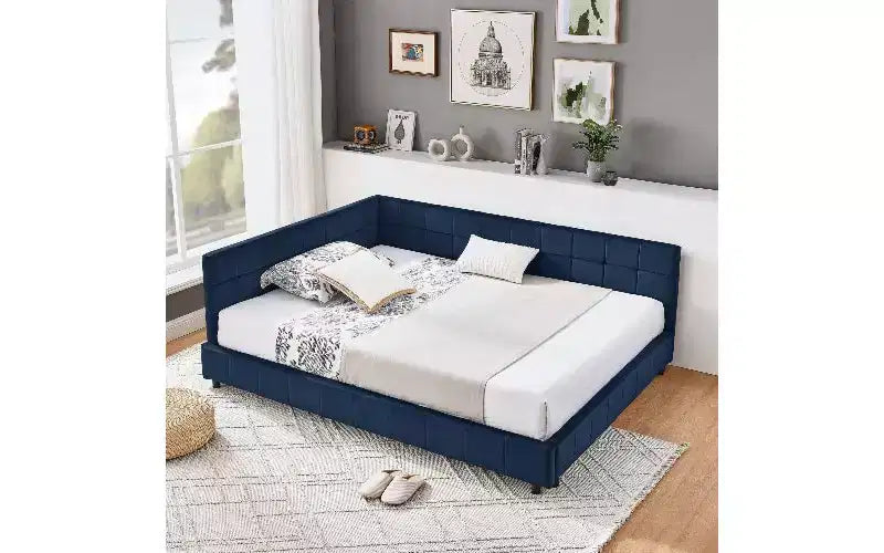 Lettino da giorno matrimoniale in velluto TUYOHW Mid-Century, divano letto imbottito con struttura in legno di eucalipto, letto trapuntato con testiere