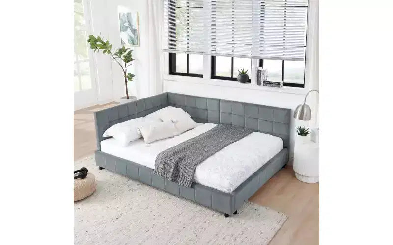 Lettino da giorno matrimoniale in velluto TUYOHW Mid-Century, divano letto imbottito con struttura in legno di eucalipto, letto trapuntato con testiere