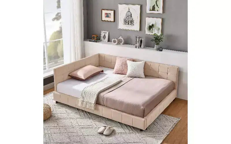 Lettino da giorno matrimoniale in velluto TUYOHW Mid-Century, divano letto imbottito con struttura in legno di eucalipto, letto trapuntato con testiere