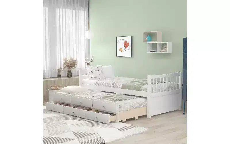 TUYOHW Twin Size Daybed, Sofa Bed Frame with Pull-Out Trundle Bed & 3 Storage Drawers, Multi-Functional Storage Bed, Wood Platform Bed Frame