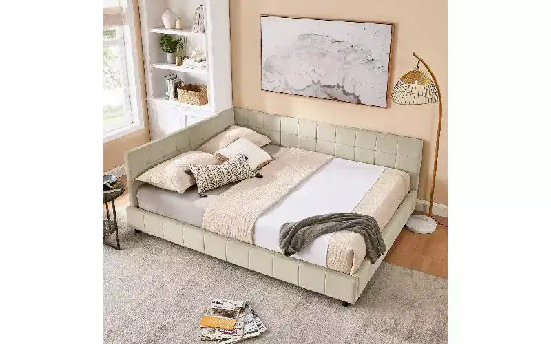 TUYOHW Mid-Century Velvet Daybed, Upholstered Sofa Bed Frame with Eucalyptus Wood Platform Bed Structure, Tufted Queen Size Bed with Headboards