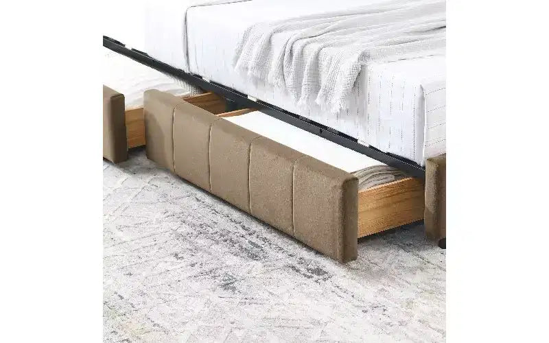 TUYOHW Divano-letto imbottito in velluto in stile Mid-Century con 2 cassetti, Struttura letto matrimoniale in legno di eucalipto con contenitore per camera da letto e soggiorno