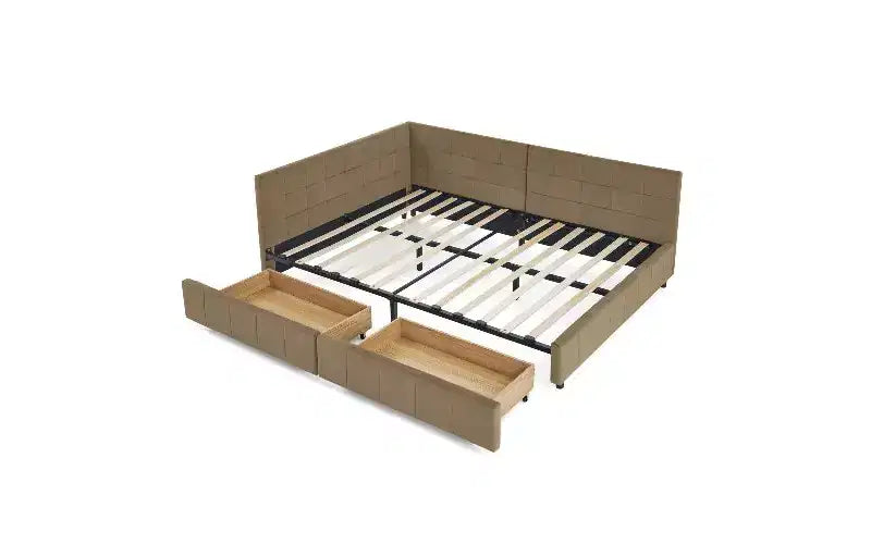 TUYOHW Divano-letto imbottito in velluto in stile Mid-Century con 2 cassetti, Struttura letto matrimoniale in legno di eucalipto con contenitore per camera da letto e soggiorno