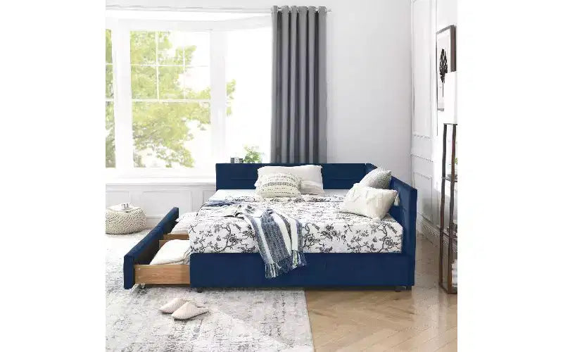 TUYOHW Divano-letto imbottito in velluto in stile Mid-Century con 2 cassetti, Struttura letto matrimoniale in legno di eucalipto con contenitore per camera da letto e soggiorno