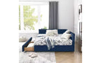 TUYOHW Divano-letto imbottito in velluto in stile Mid-Century con 2 cassetti, Struttura letto matrimoniale in legno di eucalipto con contenitore per camera da letto e soggiorno