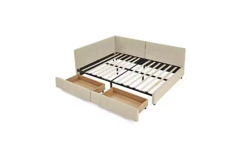 TUYOHW Divano-letto imbottito in velluto in stile Mid-Century con 2 cassetti, Struttura letto matrimoniale in legno di eucalipto con contenitore per camera da letto e soggiorno