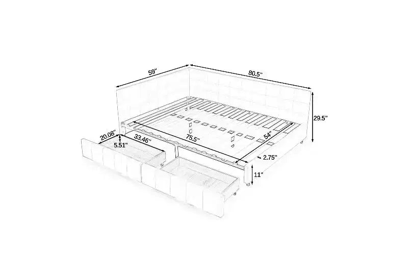 TUYOHW Divano-letto imbottito in velluto in stile Mid-Century con 2 cassetti, Struttura letto matrimoniale in legno di eucalipto con contenitore per camera da letto e soggiorno