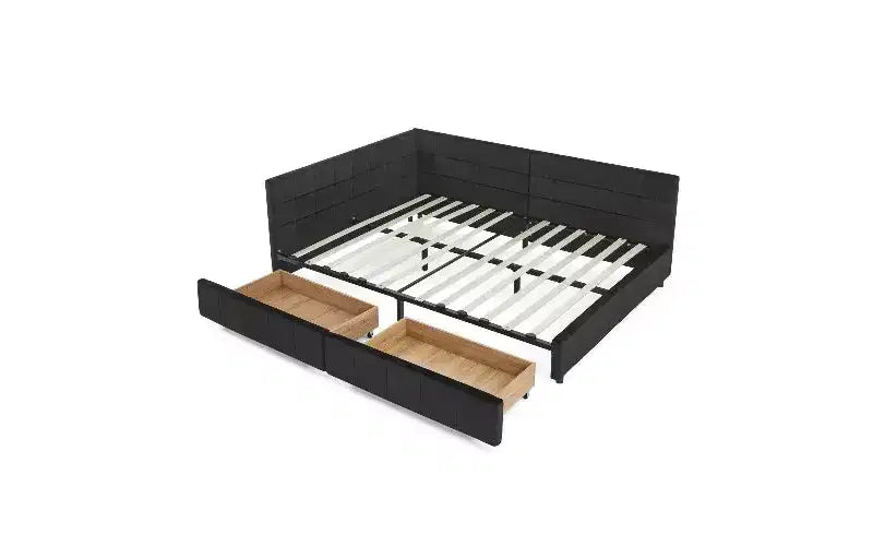 TUYOHW Divano-letto imbottito in velluto in stile Mid-Century con 2 cassetti, Struttura letto matrimoniale in legno di eucalipto con contenitore per camera da letto e soggiorno