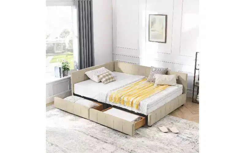 TUYOHW Divano-letto imbottito in velluto in stile Mid-Century con 2 cassetti, Struttura letto matrimoniale in legno di eucalipto con contenitore per camera da letto e soggiorno