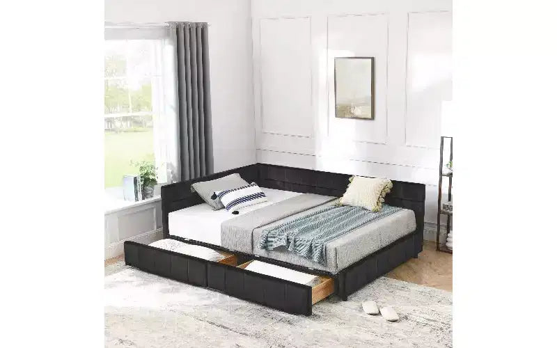 TUYOHW Divano-letto imbottito in velluto in stile Mid-Century con 2 cassetti, Struttura letto matrimoniale in legno di eucalipto con contenitore per camera da letto e soggiorno
