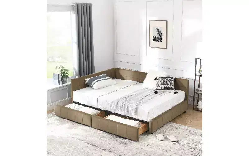 TUYOHW Divano-letto imbottito in velluto in stile Mid-Century con 2 cassetti, Struttura letto matrimoniale in legno di eucalipto con contenitore per camera da letto e soggiorno
