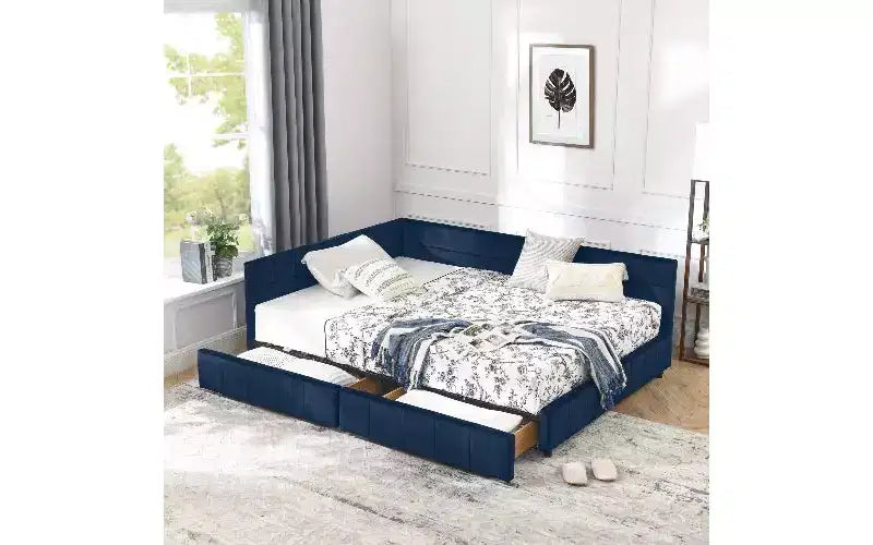 TUYOHW Divano-letto imbottito in velluto in stile Mid-Century con 2 cassetti, Struttura letto matrimoniale in legno di eucalipto con contenitore per camera da letto e soggiorno
