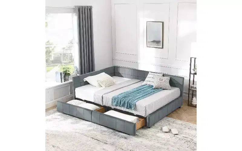TUYOHW Divano-letto imbottito in velluto in stile Mid-Century con 2 cassetti, Struttura letto matrimoniale in legno di eucalipto con contenitore per camera da letto e soggiorno
