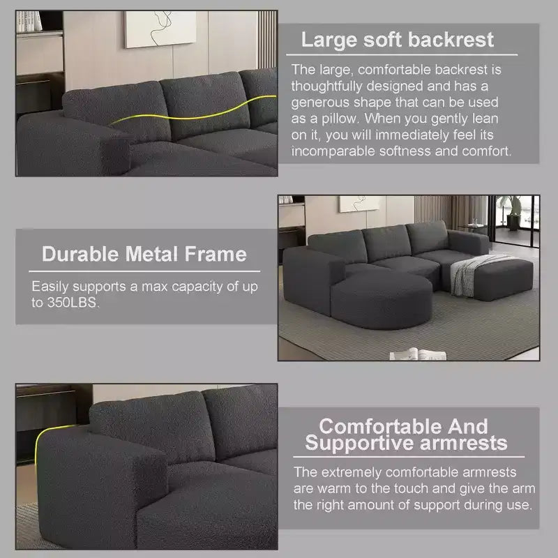 Divano letto componibile MAYEERTY 104,32*70,86 pollici, set a forma di U convertibile con chaise longue e pouf, spugna compressa, grigio scuro, combinazione A+B+C+D